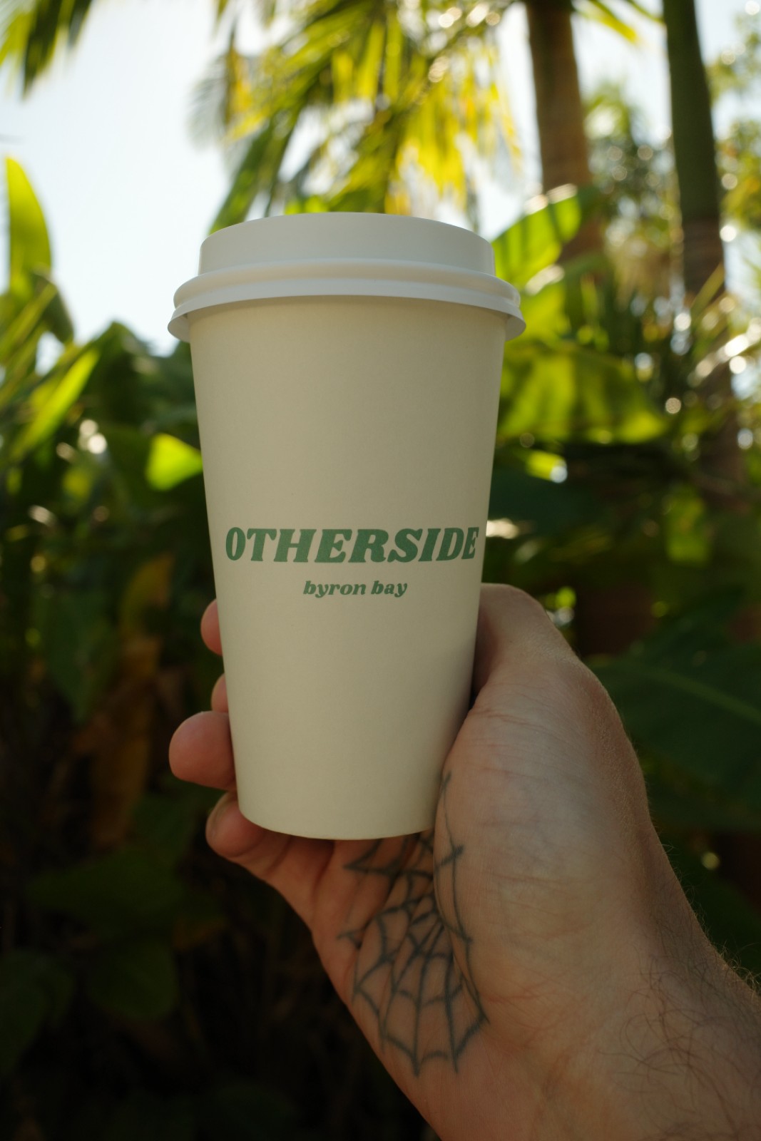 Custom printed double wall compostable coffee cup, Otherside, Byron Bay